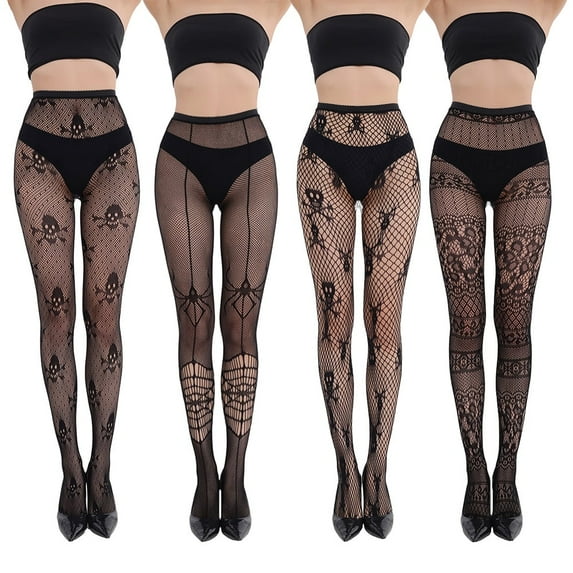 4 Pack Halloween Pattern Fishnet Tights Black Sexy High Waist Bats Skull Fishnets Print Leggings Stockings for Women