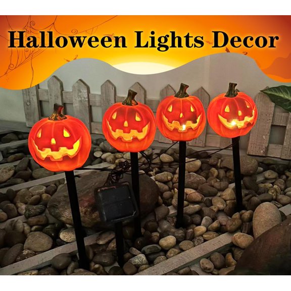4 Pack Halloween Pumpkin Pathway Solar Lights, Orange Yard Stake String Lights Halloween Outdoor Decorations, Waterproof LED Pumpkin Halloween Dcor Walkway Lights$$Tools & Hardware Other