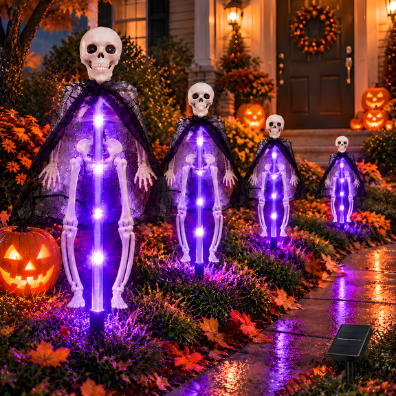 4 Pack Solar Halloween Skeleton Lights , 8 Modes Purple LED Skull Pathway Stakes, Outdoor Yard Decorations for Front Porch Lawn Garden, Waterproof Halloween Decor