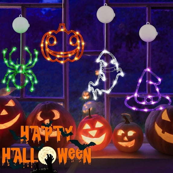 4-Pack Halloween Window Decorations Set! Battery-Operated Orange Pumpkin, White Ghost, Purple Witch Hat & Green Spider Lights – Suction Cup Hanging with Timer (Spooky Glow)