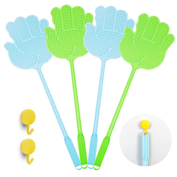 4 Pack Hand Shaped Plastic Fly Swatters, Long Handle Heavy Duty Manual Pest Control Swat with Hanging Hole, Assorted Color Indoor Outdoor Insect Catcher