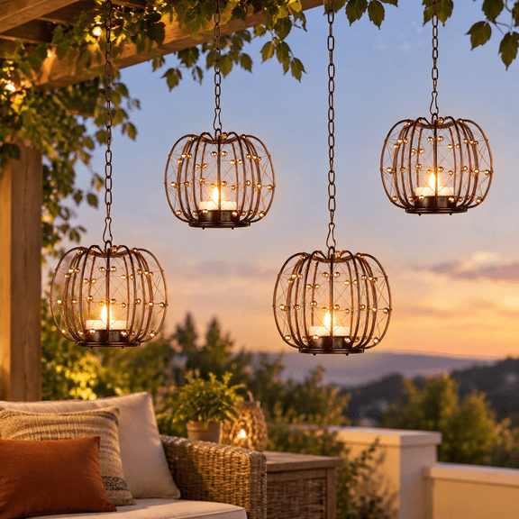 4 Pack Hand Woven Copper Wire Pumpkin Solar Hanging Lanterns, IP65 Waterproof Outdoor Decor