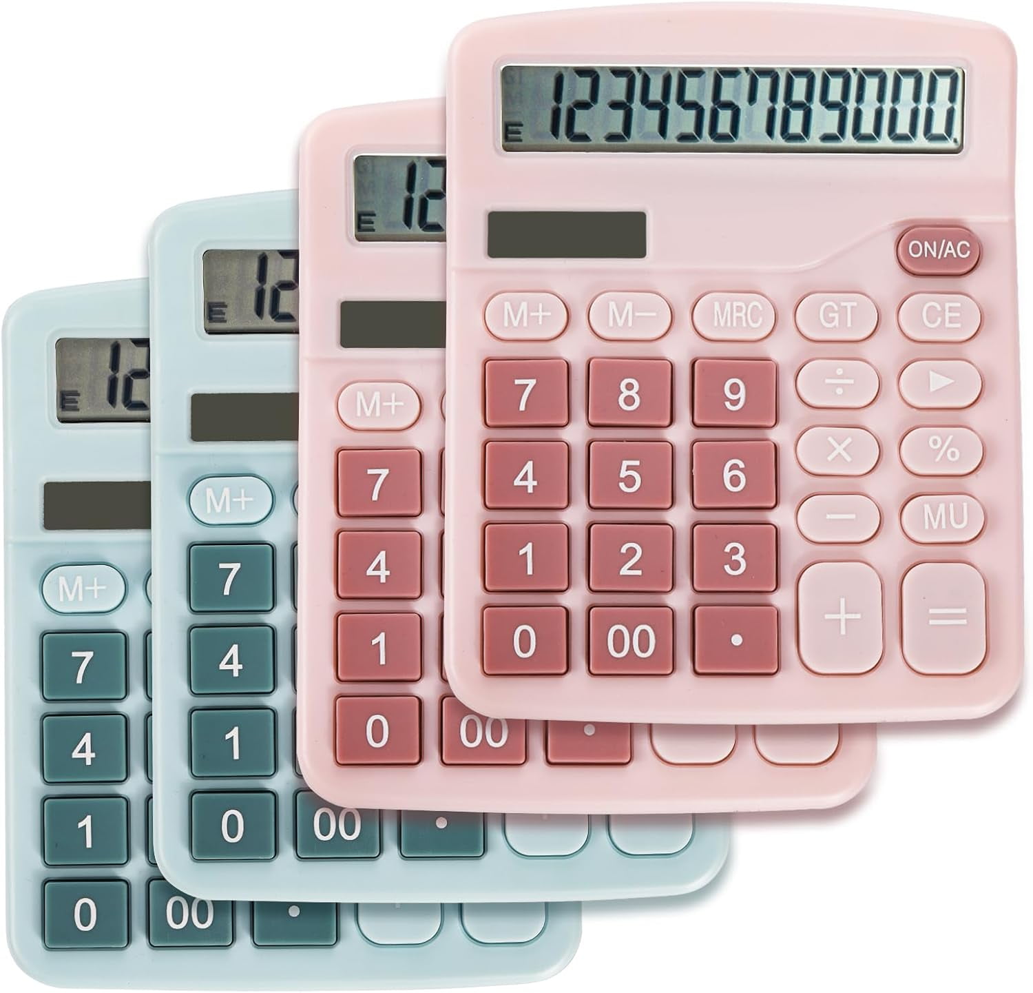 4 Pack Handheld Desktop Calculators, Solar Battery Dual Power Basic Calculator 12 Digit Large Display, Standard Functional Desk Big Sensitive Button for Office Home School Pink Blue