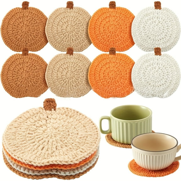 4-Pack Handmade Crochet Pumpkin Coasters – Knitted Cotton Fall Drink Mats, Absorbent Table Protectors for Halloween, Thanksgiving, Autumn Parties, Assorted Seasonal Colors