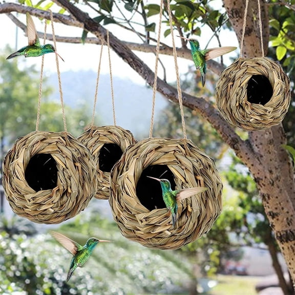 4 Pack Hanging Bird Nest House for Outside,Humming Birds Houses with Rope, Hand Woven Natural Grass Bird Huts, Small Hanging Nest Box for Small Birds