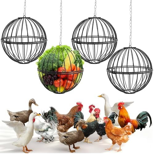 4 Pack Hanging Chicken Feeders for 10 Chicken, 7.5 Inch Iron Rodent-Proof Duck Treat Dispenser Balls with 17.7 Inch Adjustable Hanging Chain for Feed and Toys, Weatherproof & Easy Install