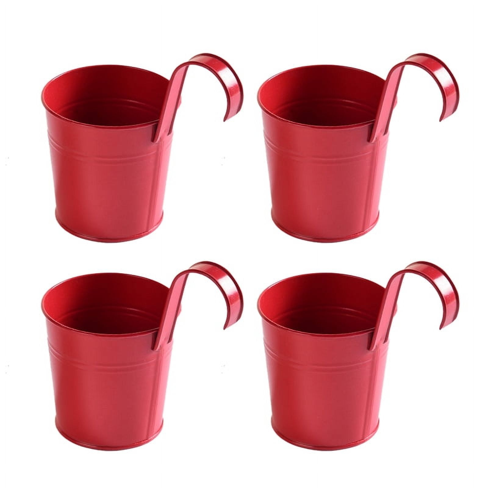 4 Pack Hanging Flower Pots, Metal Iron Plant Pot Holders, Large Fence Railing Balcony Garden Hanging Bucket Planters with Detachable Hooks for Indoor and Outdoor Decor,Red