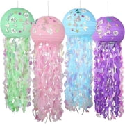 4 Pack Hanging Jellyfish Paper Lanterns, Glitter Lanterns Kit for Birthday Baby Shower Baby Room Mermaid Ocean Party Decorations