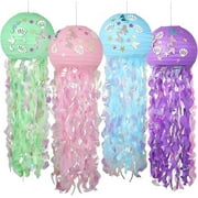 4 Pack Hanging Jellyfish Paper Lanterns, Glitter Lanterns Kit for Birthday Baby Shower Baby Room Mermaid Ocean Party Decorations