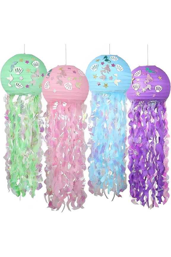 4 Pack Hanging Jellyfish Paper Lanterns, Glitter Lanterns Kit for Birthday Baby Shower Baby Room Mermaid Ocean Party Decorations