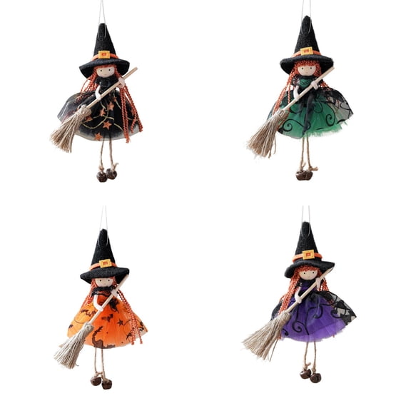 4 Pack Hanging Witch Dolls with Broom Halloween Small Witch Figurine Gauze Skirt Kitchen Witch Good Luck Decoration for Haunted House Room Door Window