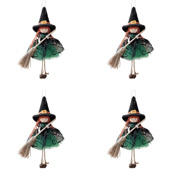 4 Pack Hanging Witch Dolls with Broom Halloween Small Witch Figurine Gauze Skirt Kitchen Witch Good Luck Decoration for Haunted House Room Door Window