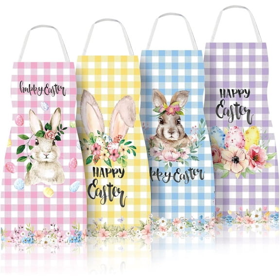 4 Pack Happy Easter Aprons Buffalo Plaid Chef Cooking Aprons Colorful Bunny Egg Flower Adjustable Washable Kitchen Apron Collection for Spring Dinner Baking BBQ Grilling Supplies