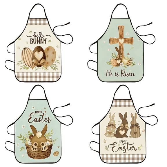 4 Pack Happy Easter Aprons Easter Home Printing Linen Imitation Apron Bunny Egg Flower Prints Adjustable Washable Aprons Colorful Collection Kitchen for Spring Holiday Home Party Supplies