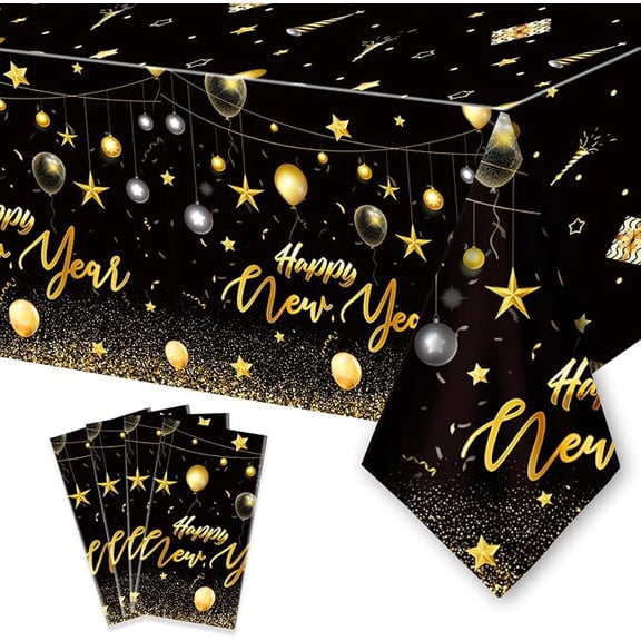 4 Pack Happy New Year Tablecloths Black and Gold 108 x 54 Inches