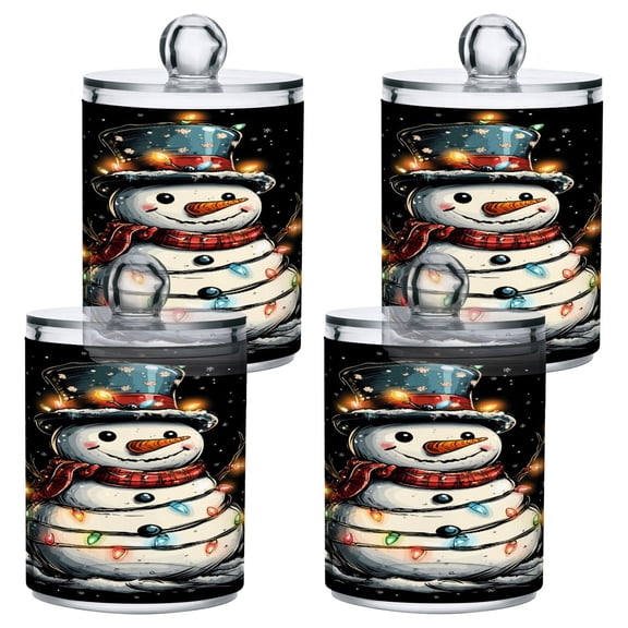 4 Pack Happy Snowman with Colorful Lights Qtip Holder Dispenser Clear Plastic Storage Apothecary Jars for Cotton Swabs Balls Pads Floss