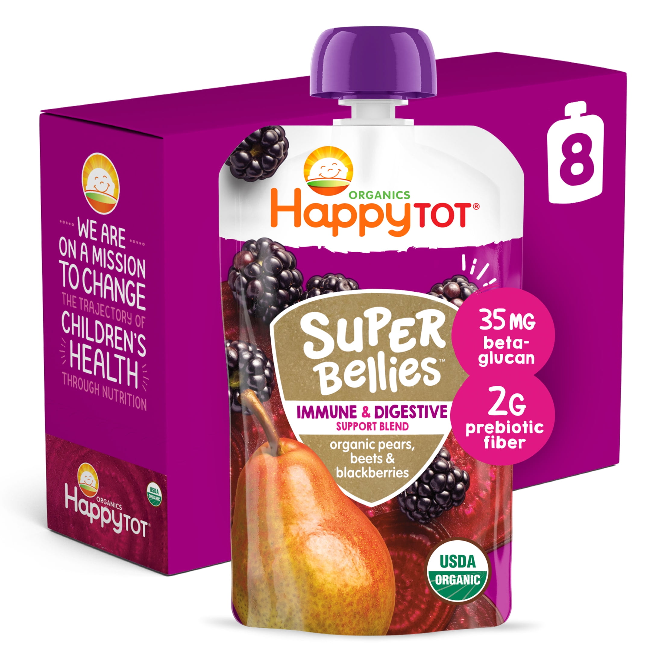 (8 Pouches) Happy Tot Super Bellies, Stage 4, Organic Toddler Food, Pears, Beets, Blackberries, 4 oz