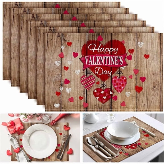 4 Pack Happy Valentine's Day Placemats Heart Patterned Table Mats 12 x 18 Inch Wood Prints Heat Resistant Table Mats Non-Slip Washable Mats Decoration for Home Kitchen Dining Wedding Party