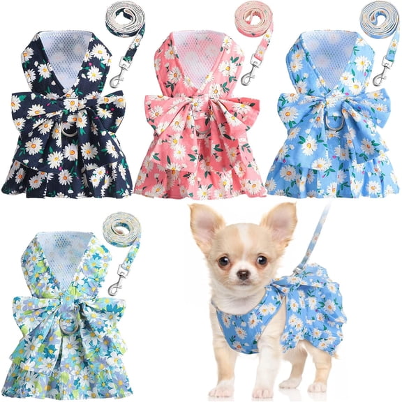 4 Pack Harness Dog Dress Bow knot Leash Set Floral Princess Dog Harness Dress Vest with Leash Pet Doggy Outfits for Outdoor Walking, 4 Colors(Small)