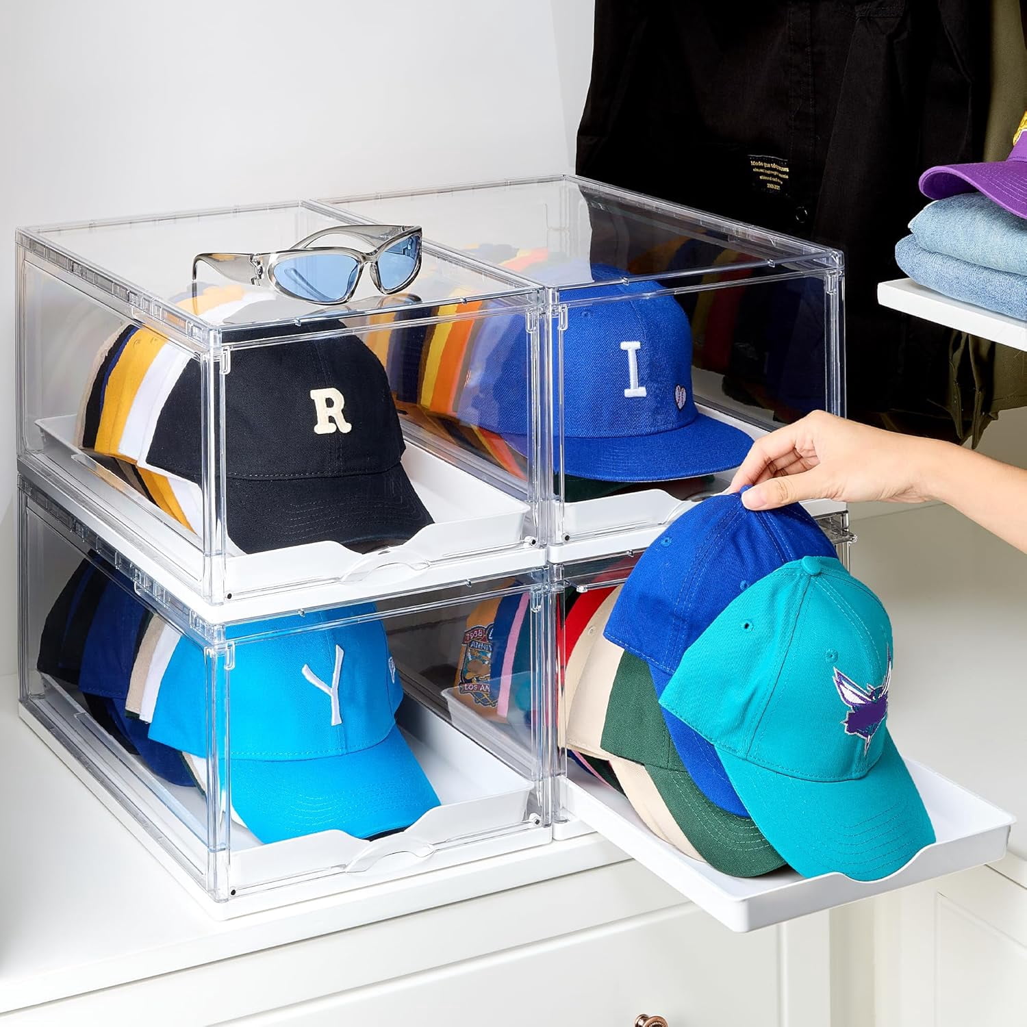 4 Pack Hat Organizer for Baseball Caps, Clear Hats Holder Box with ...