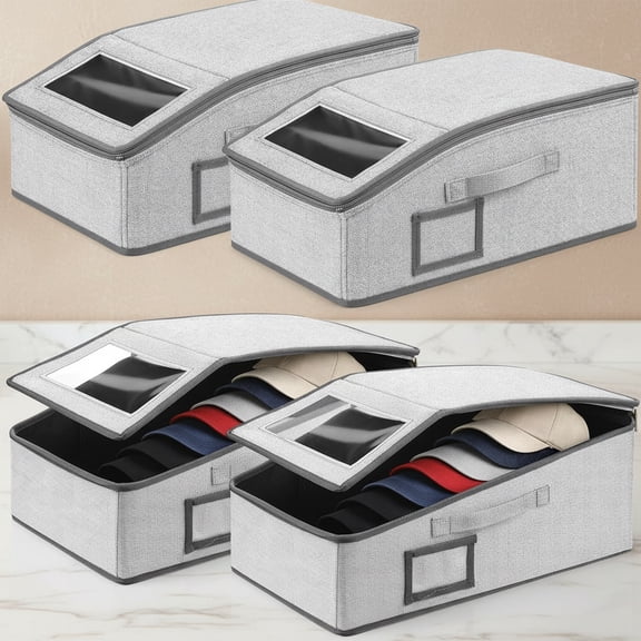 4 Pack Hat Organizer for Baseball Caps, Stackable Hat Storage Box with Clear Window Lid, Holds up to 56 Ball Cap Storage Organizer, Foldable Hat Box Holder (Grey)