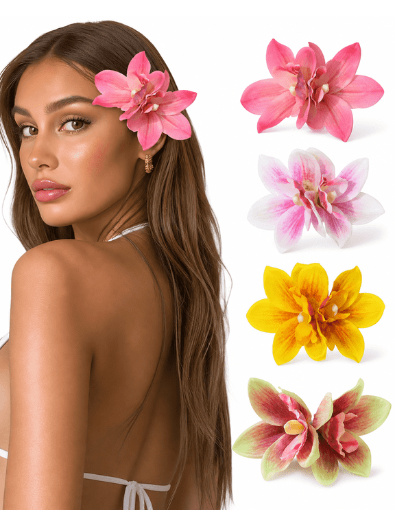4-Pack Hawaiian Flower Hair Clips for Women, Artificial Tropical Pin Orchid Accessory for Beach Party, Wedding, Luau, Vacation, Photo Props