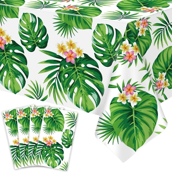 4 Pack Hawaiian Luau Tablecloths Tropical Palm Leaves Table Cloth Hawaiian Luau Table Cover Palm Leaves Table Cloth Baby Birthday Birthday Party Summer Pool Tropical Party Decorations 86 x 51 IN