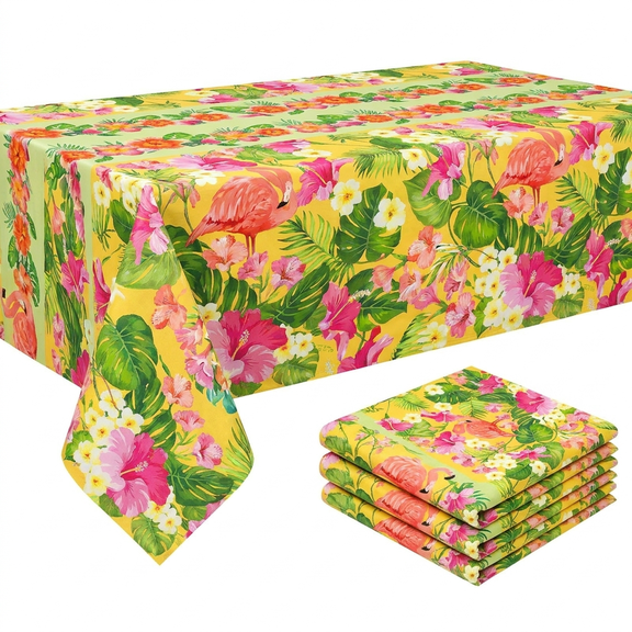 4 Pack Hawaiian Tablecloths, Tropical Flamingo Palm Leaf Table Covers for Luau Beach Pool Party Decor