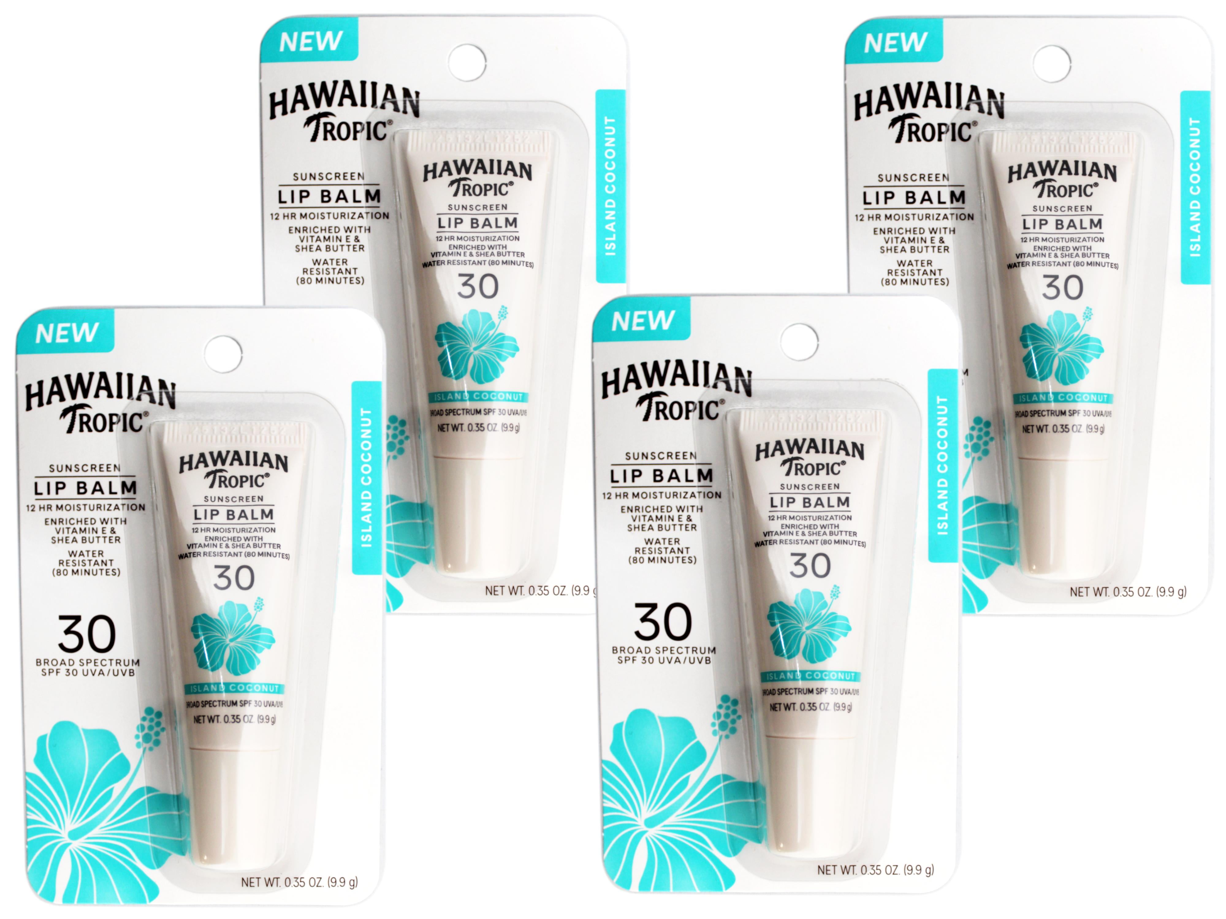 4 Pack - Hawaiian Tropic Sunscreen Lip Balm with Vitamin E & Shea Butter, Water Resistant 80 Minutes, SPF 30, Island Coconut, 0.35 OZ