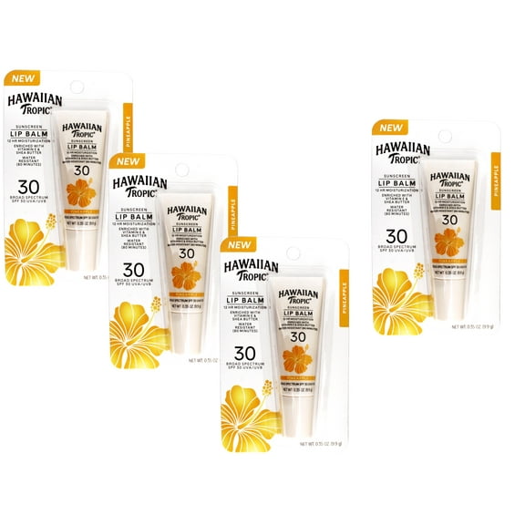 4 Pack - Hawaiian Tropic Sunscreen Lip balm SPF 30, Pineapple, 12Hr Moisturization with Vitamin E & Shea Butter, Water Resistant (80 minutes), 0.35 OZ