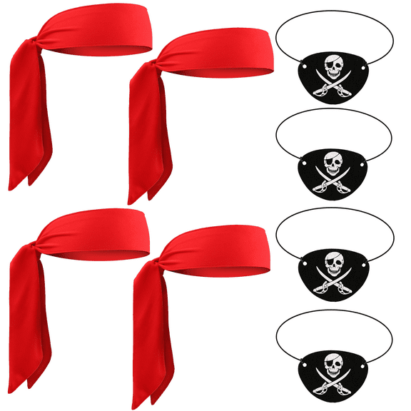 4 Pack Head Bandanas Eye Patches Set Red, Pirate Costume Accessories Party Supplies