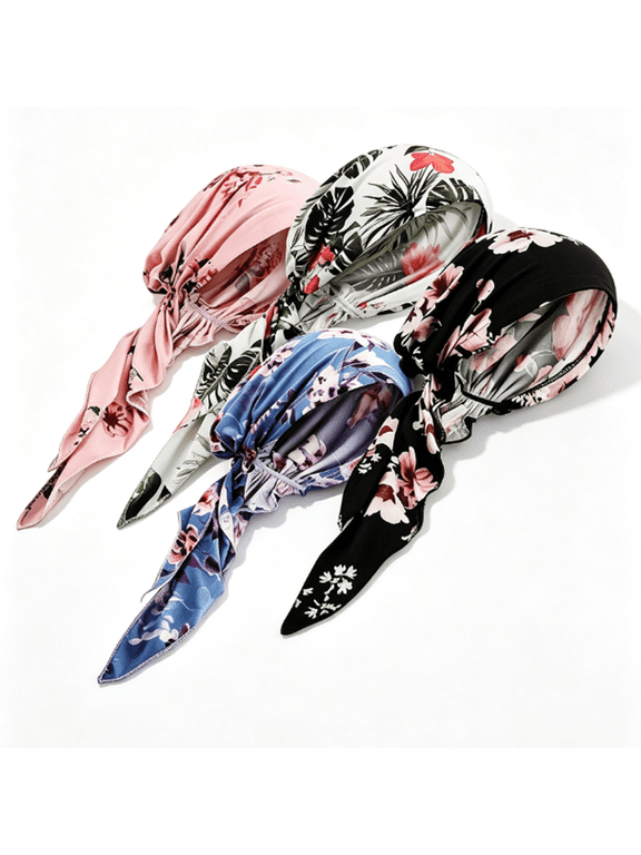 4 Pack Headwear for Women, Pre-Tied Bandana Muslim Beanie Turban Head Scarf for Chemo Hair Loss Cancer Patients Sleep Caps