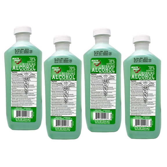 4 Pack - Health Smart 70% Isopropyl Rubbing Alcohol with Wintergreen Oil Antiseptic & First Aid Solution, 12 oz