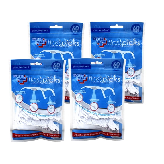 4 Pack - Health Smart Floss Picks, Slides Easily Between Teeth, 60 Count