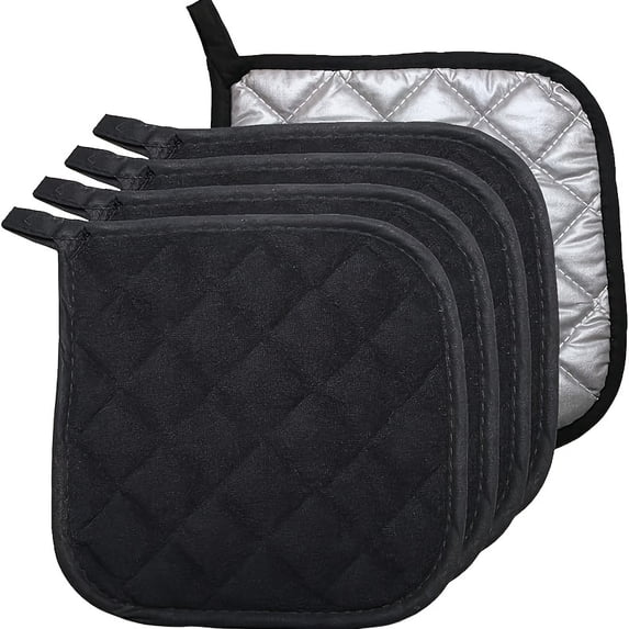 4 Pack Heat Resistant Pot Holders For Kitchen 7 Inch Quilted Terry Cloth Hot Pads Oven Mitts For Cooking Baking Cast Mat,Black