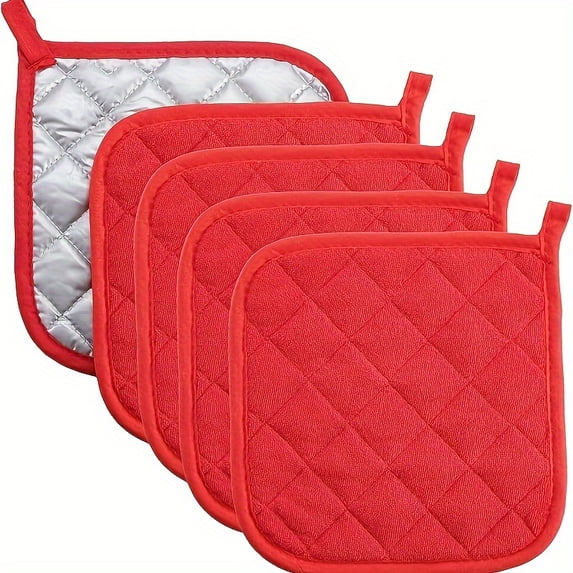 4 Pack Heat Resistant Pot Holders For Kitchen 7 Inch Quilted Terry Cloth Hot Pads Oven Mitts For Cooking Baking Cast Mat,Red