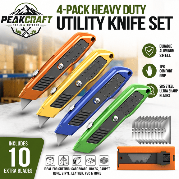 4 Pack Heavy Duty Box Cutter Utility Knife Set, Retractable Aluminum Box Cutters with SK5 Steel Blades, Ergonomic TPR Grip, Includes 10 Extra Replacement Blades, For Cardboard, Boxes, Carpet, DIY, Wa