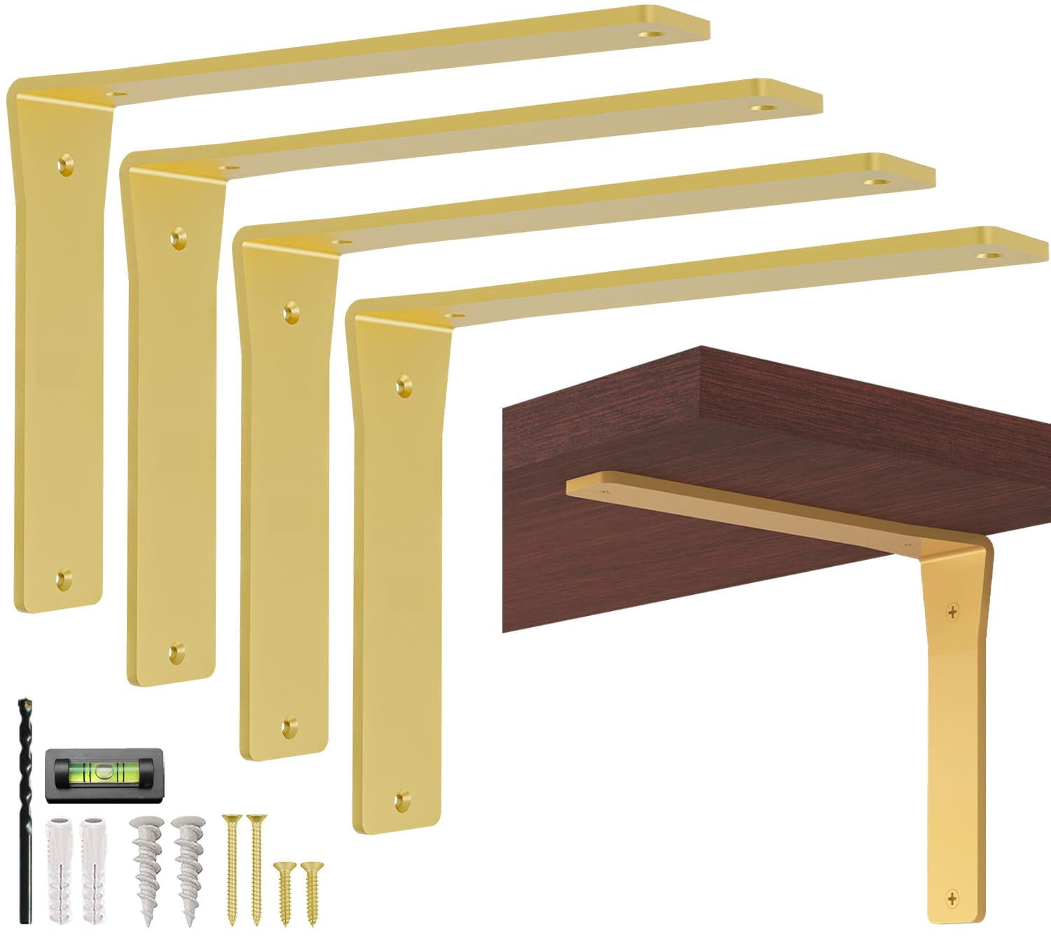 4 Pack Heavy Duty Brass Shelf Brackets 10 Inch by Balin Designs – Decorative L Bracket for Shelves, Metal Shelf Support Bracket, Wall Mounted Countertop Iron Corbels, Floating Gold Shelving Brackets
