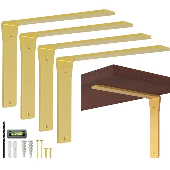 4 Pack Heavy Duty Brass Shelf Brackets 10 Inch by Balin Designs – Decorative L Bracket for Shelves, Metal Shelf Support Bracket, Wall Mounted Countertop Iron Corbels, Floating Gold Shelving Brackets