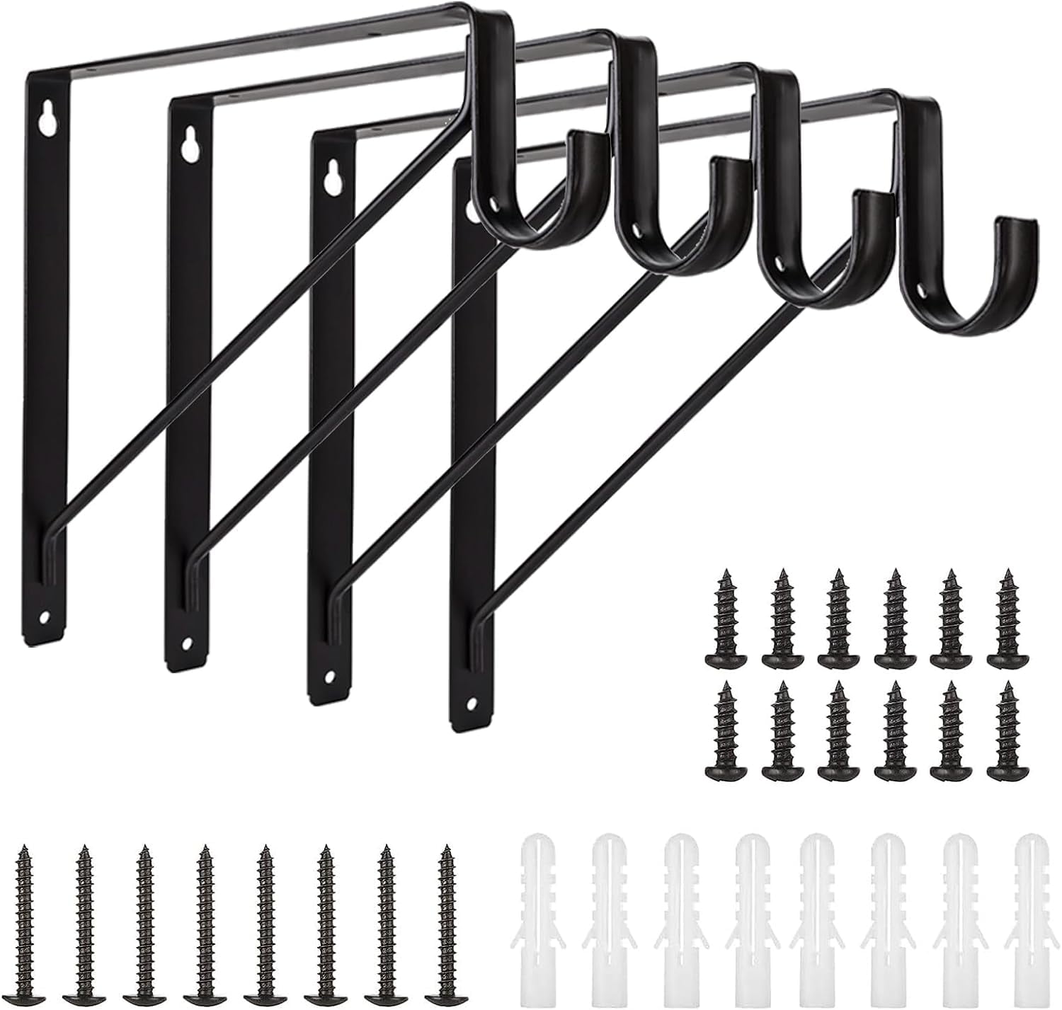 4 Pack Heavy Duty Closet Shelf & Rod Brackets, Wall Mounted Closet Shelf Brackets, 11 x 11 Inch Closet Shelf Brackets with Rod Support, Black