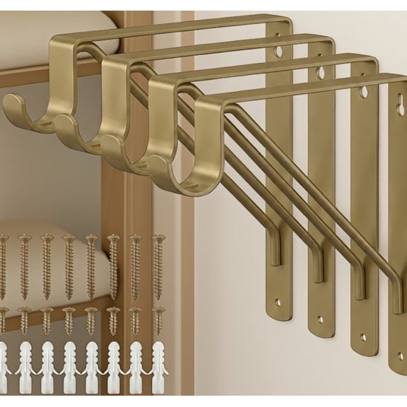 4 Pack Heavy Duty Closet Shelf and Rod Brackets, 11x10 Inch Gold Metal Mounted Bracket for 12-Inch Wood Boards