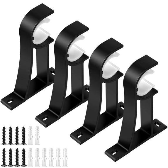 Black Curtain Rod Brackets 4 Pack, Heavy Duty Metal Hangers for 1 Inch Drapes, Decorative Single Rod Hooks with Anchors