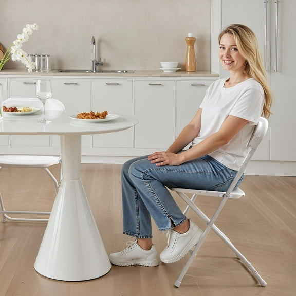 4 Pack Heavy Duty Foldable Plastic Chairs with Reinforced Metal Frame Portable, Stackable Indoor & Outdoor Seating for Home, Parties, Gardens, and Events (White)