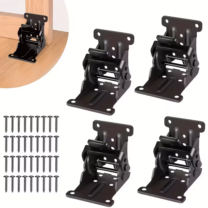 4 Pack Heavy-Duty Folding Hinge Brackets, 0-90 Adjustable Locking Table/Chair/Leg Supports with Self-Locking Mechanism & Screws, Foldable Joints for Bed, Desk, Workbench