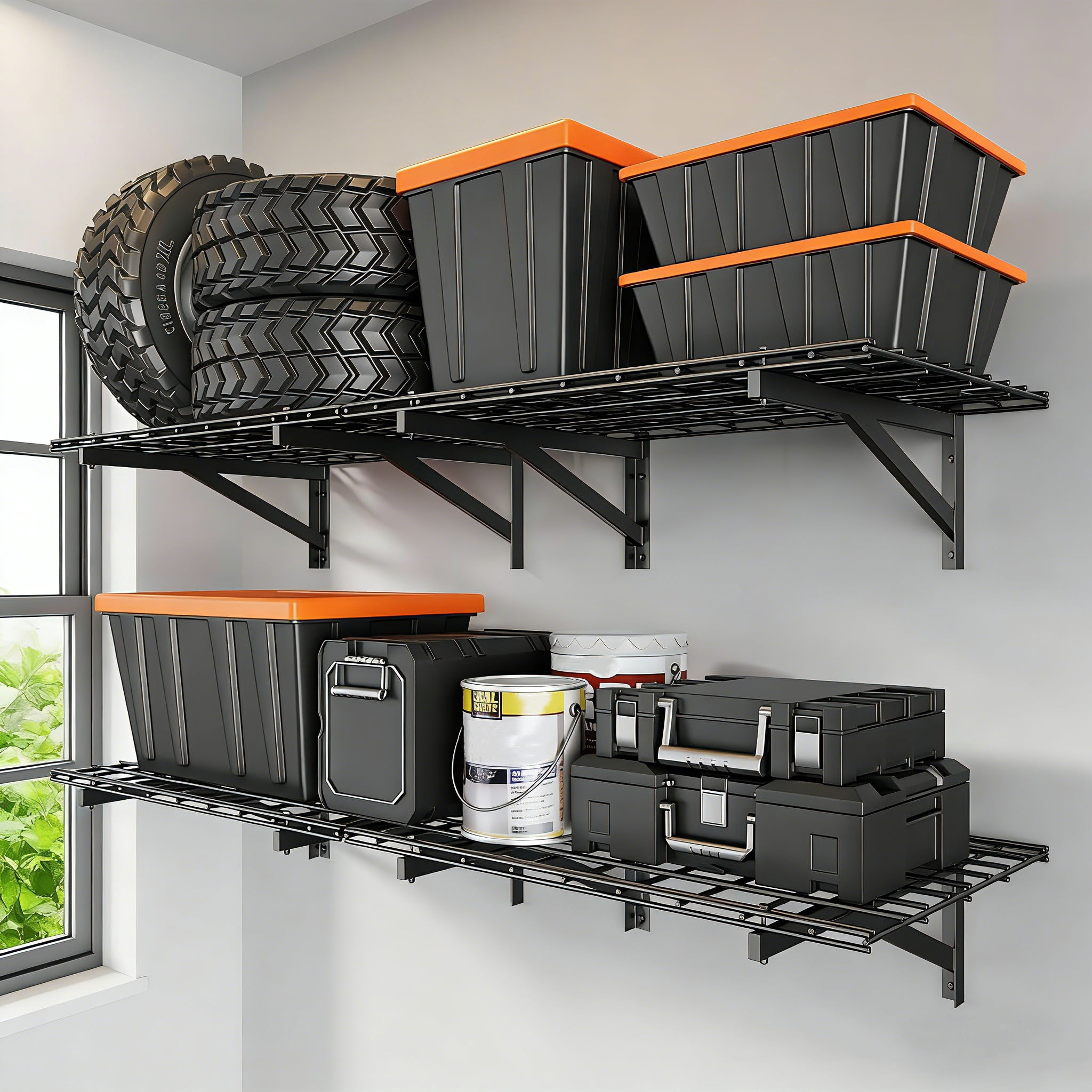 4 Pack Heavy Duty Garage Wall Shelving Set (2x3ft), Wall Mounted Garage Shelves 1400lbs Capacity, 24"X72" Shelf Storage Rack Floating Shelves, Storage Racks for Shop, Shed, Storage Shelve, Black