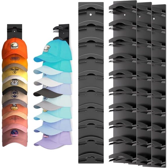 4-Pack Heavy Duty Hat Organizer with Strong Adhesive and Screws Holds 40 Baseball Caps Space Saving Wall Mount Closet Storage Rack Black