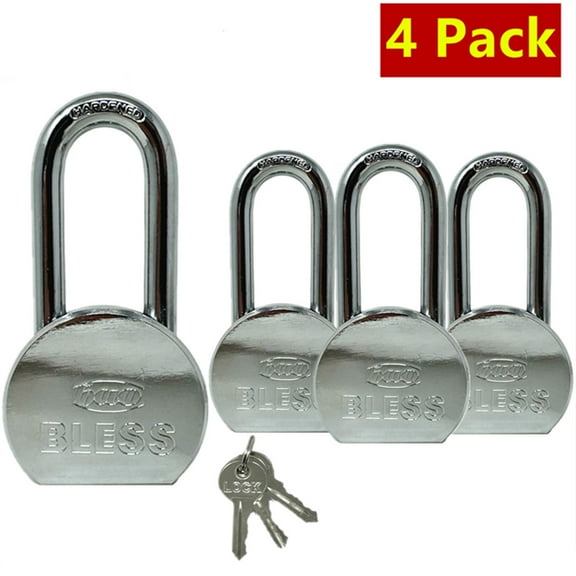 4 Pack Heavy Duty Long Master Lock Solid Steel Maximum Protection Padlock with 3 Keys Each