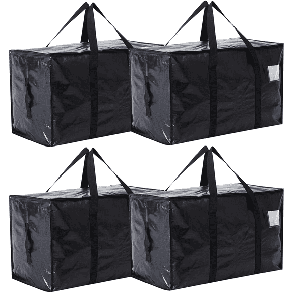 4 Pack Heavy Duty Moving Bags with Strong Zipper & Reinforced Handles, Extra Large Storage Totes for Clothes, Durable Packing Bags for Moving, Travel & Dorm Organization, Black