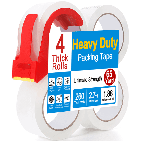 4-Pack Heavy Duty Packing Tape, 1.88 inch x 260 Yards Total, Clear Shipping Tape for Boxes, Mailing, Moving & Storage, 2.7 mil Strong Adhesive with Dispensers
