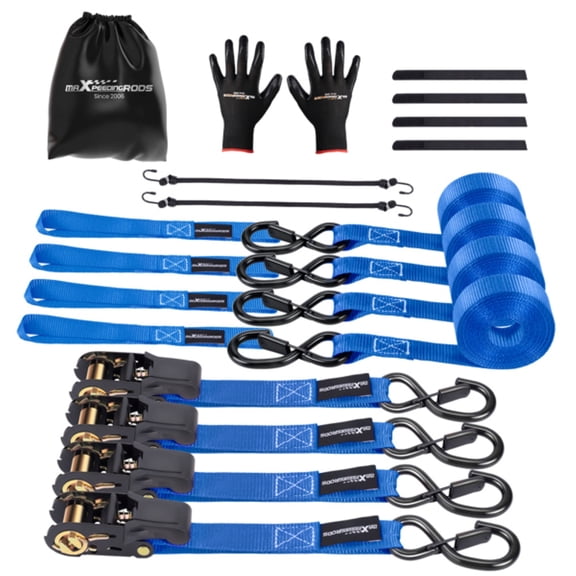 4x Heavy Duty Ratchet Straps - 1" x 15ft Tie Downs - 2200lb Break Strength - Blue Polyester Webbing - S-Hooks - Vehicle Cargo Securement